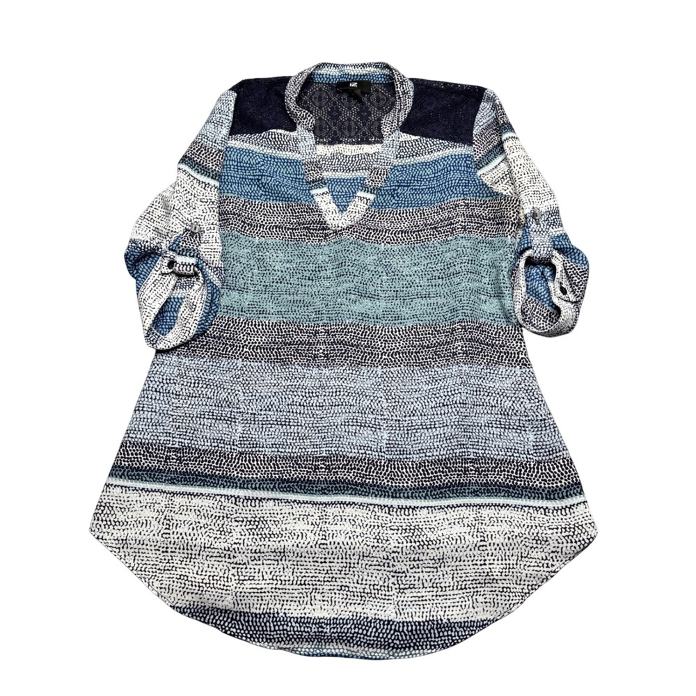 IZ Byer Tunic Top Blue Striped‎ 3/4 Sleeve Button Tab Casual Blouse M